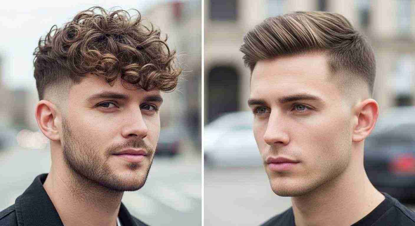 Two images of a man with curly hair featuring a curly fringe and a low taper hairstyle.