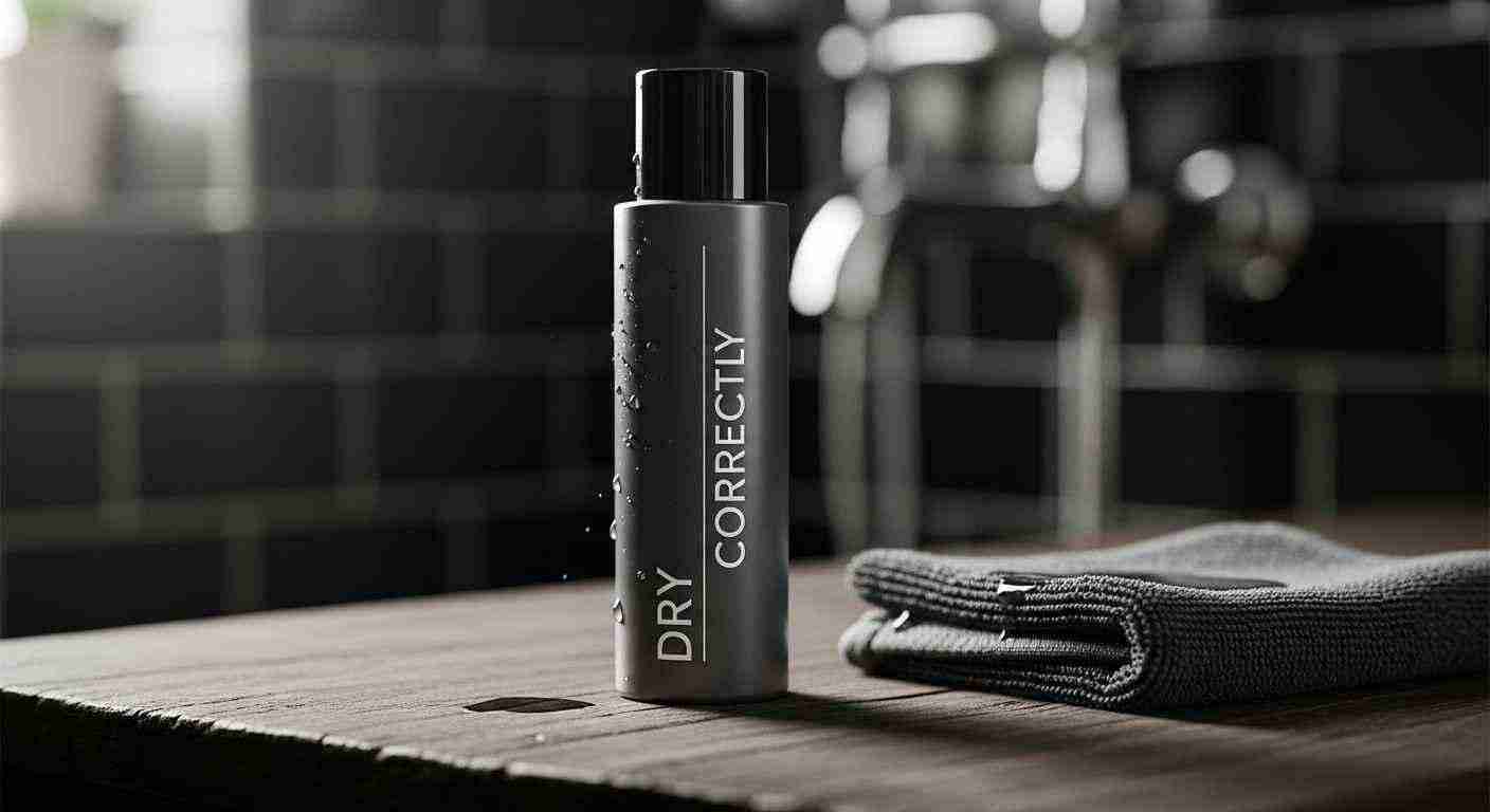 A bottle of hair spray on a table beside a towel, labeled "Dry Correctly. 