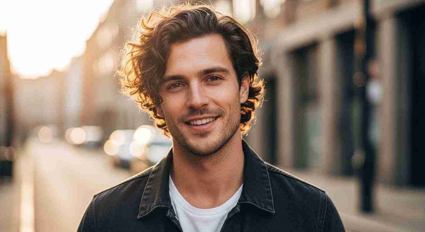 A man with curly hair stands on a street, showcasing a low taper fade hairstyle maintenance guide.