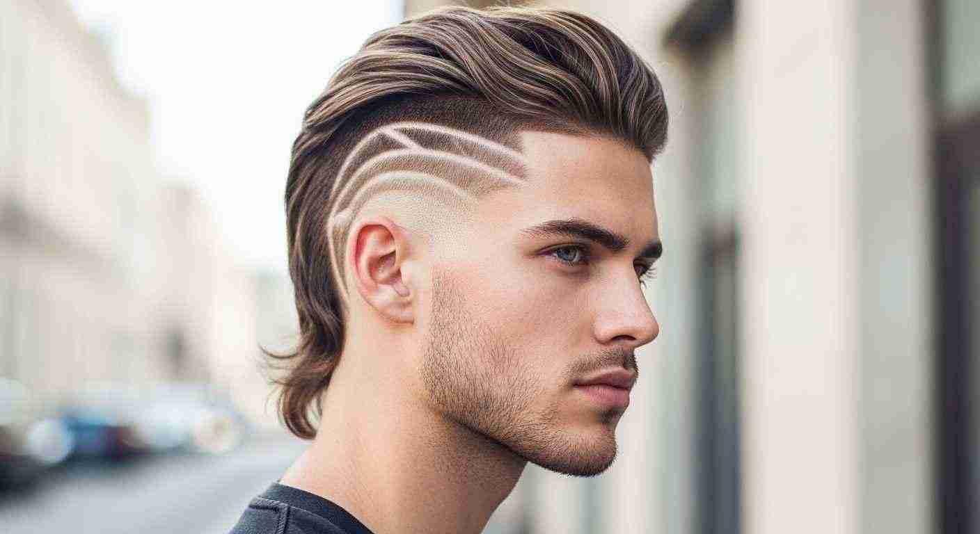 A man with a mohawk hairstyle featuring a burst fade mullet and intricate shaved designs on the sides of his head.