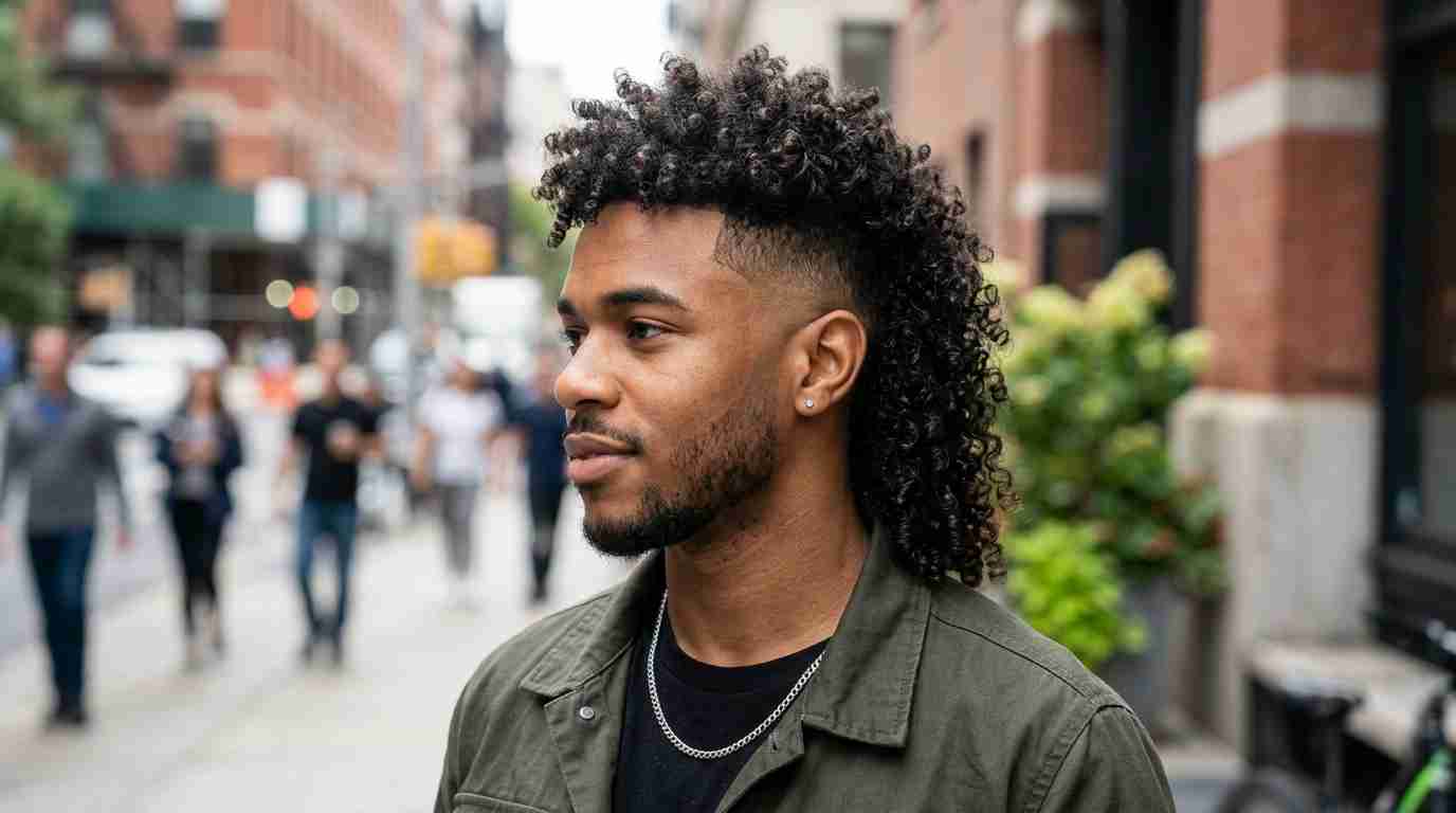 Burst Fade Mullet Round Face UK: 5 Styles & Arc Heights 3 A man with a long afro stands on a city street, showcasing a high fade mullet and a round face.