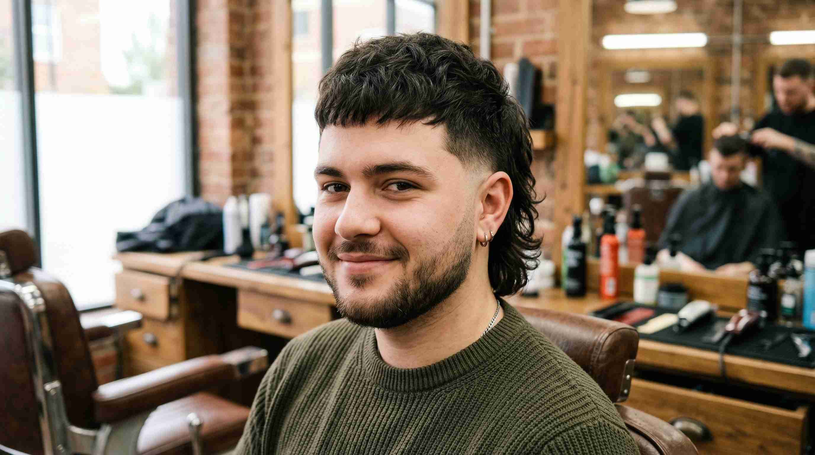 Burst Fade Mullet Round Face UK: 5 Styles & Arc Heights 9 A bearded man with a round face sits in a barber chair, showcasing a burst fade mullet hairstyle.