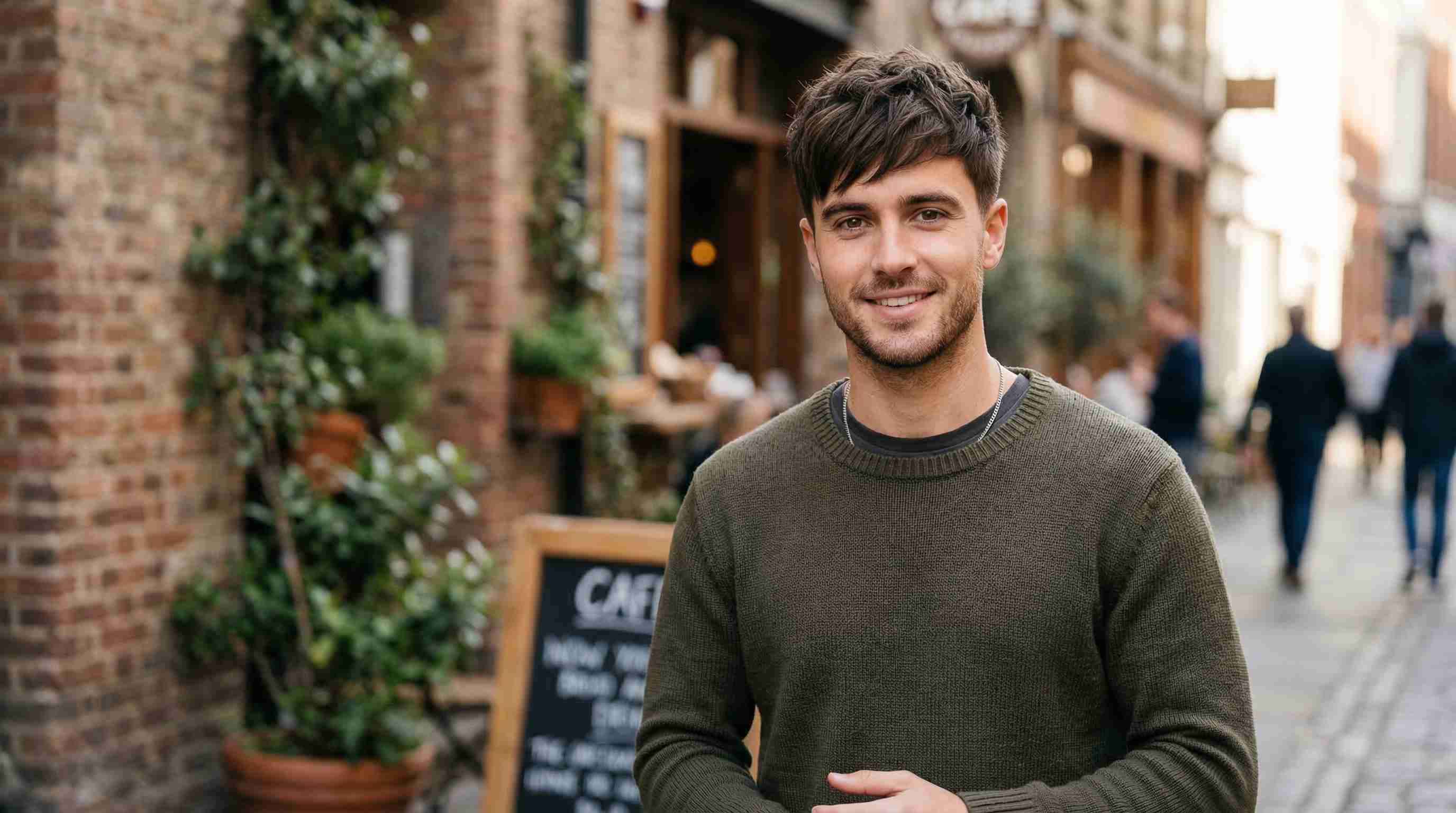  A man with textured straight hair smiles in front of a rustic brick wall.