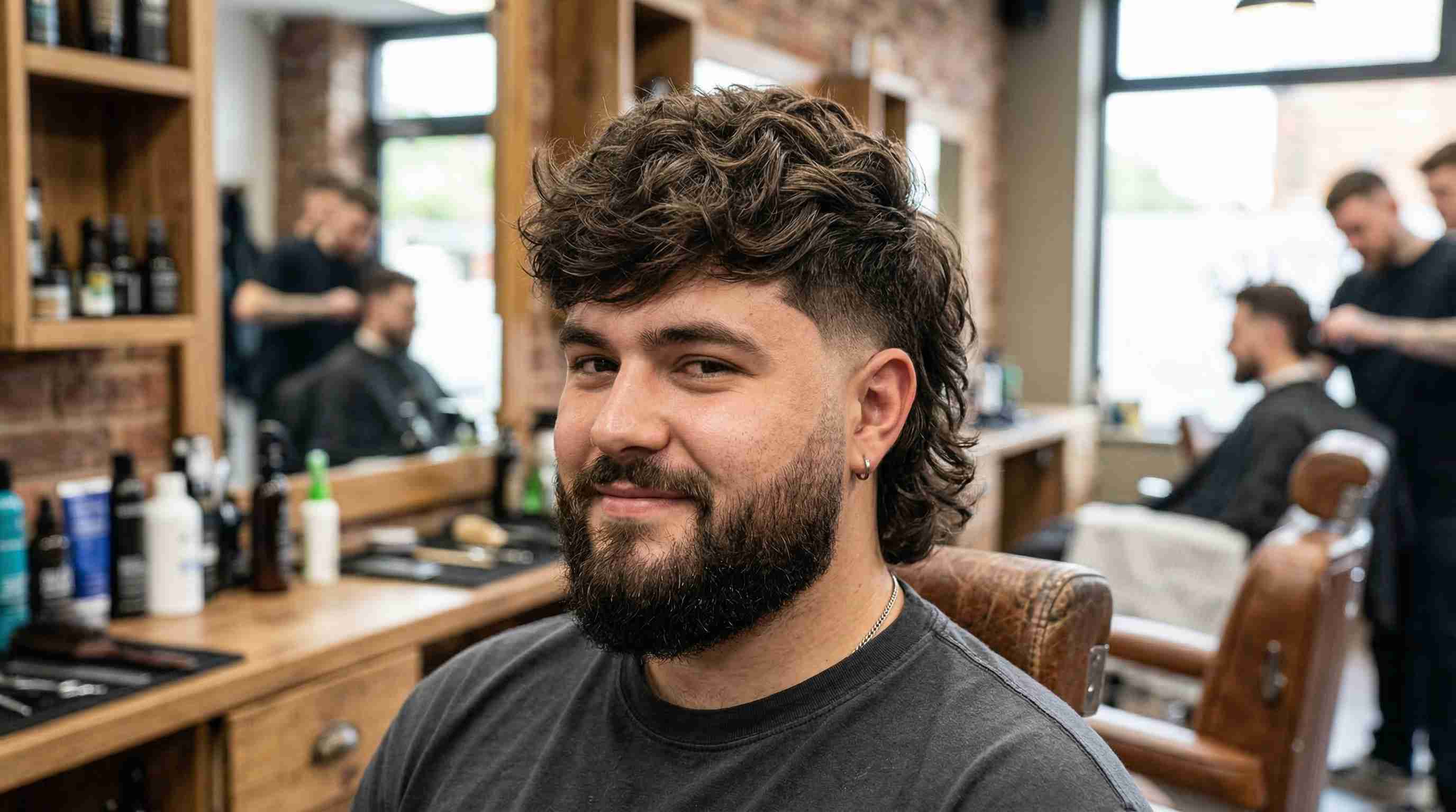Burst Fade Mullet Round Face UK: 5 Styles & Arc Heights 1 A man with a beard and long hair sits in a barber chair, showcasing a textured top and burst fade mullet hairstyle.