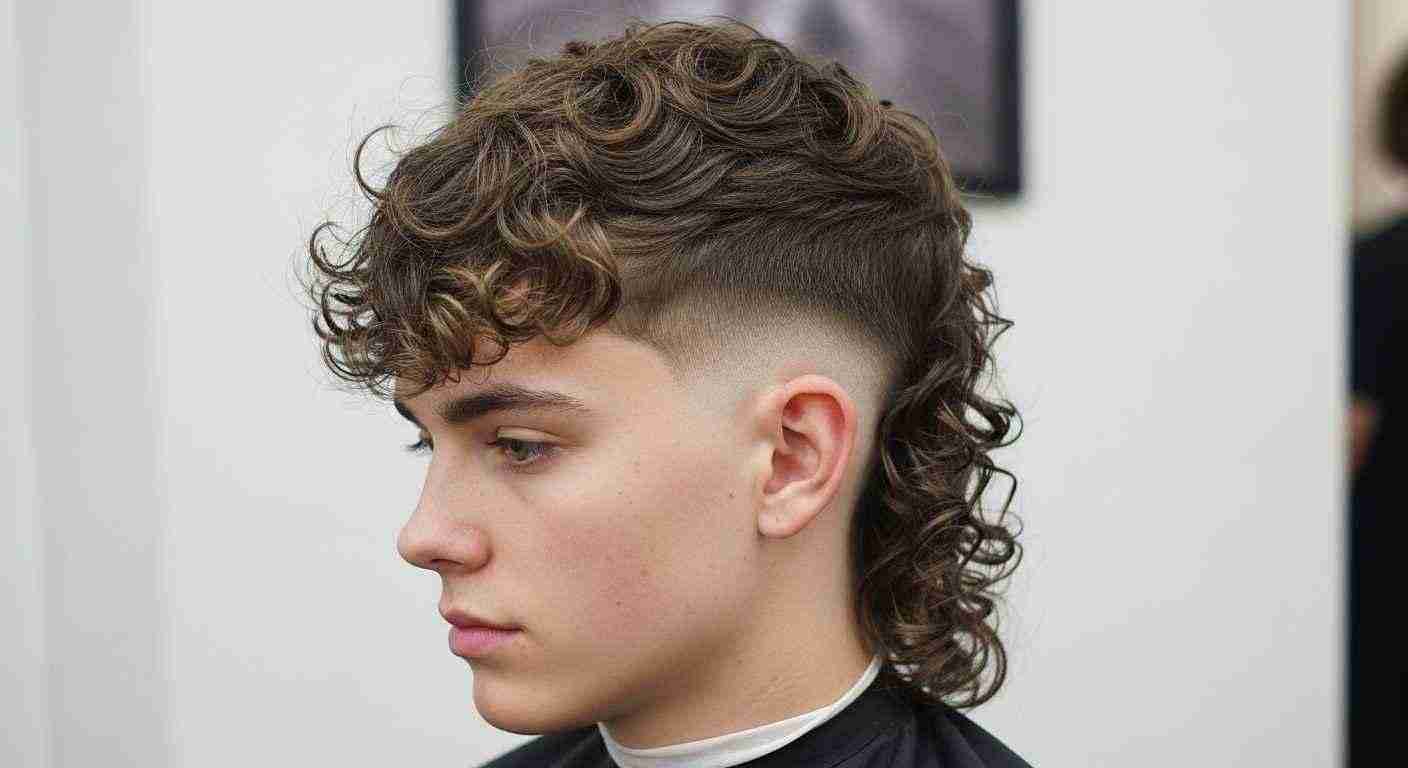 Burst Fade Mullet Curly Hair UK: 5 Styles & Dry-Cut Rule 7 A young man with curly hair sporting a low burst fade mullet, seated in a barber shop.
