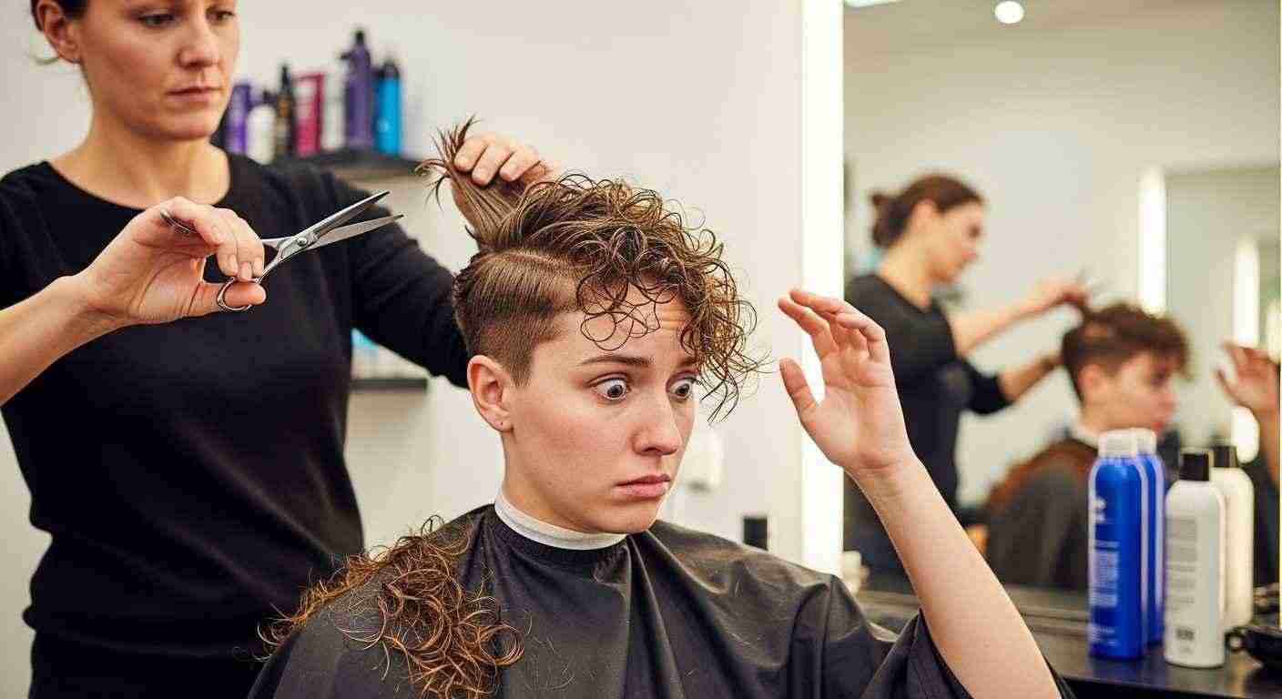 Burst Fade Mullet Curly Hair UK: 5 Styles & Dry-Cut Rule 11 A woman is cutting another woman's wet curly hair, trimming it shorter than intended.