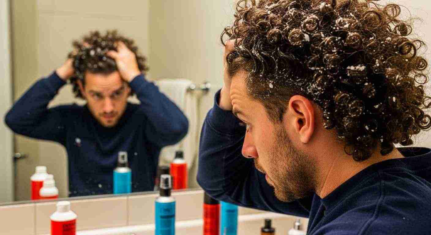 Burst Fade Mullet Curly Hair UK: 5 Styles & Dry-Cut Rule 17 A man with curly hair styles his Burst Fade Mullet in front of a mirror, using heavy styling products.