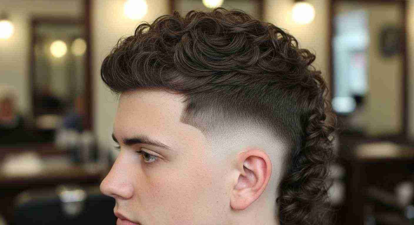 Burst Fade Mullet Curly Hair UK: 5 Styles & Dry-Cut Rule 9 A man with a textured curly mohawk and soft burst fade hairstyle stands in a barber shop.