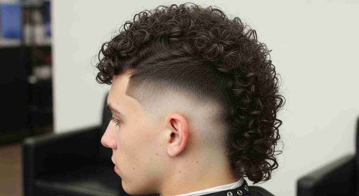 Burst Fade Mullet Curly Hair UK: 5 Styles & Dry-Cut Rule 13 A man with a curly mullet hairstyle is getting a high fade haircut in a salon.