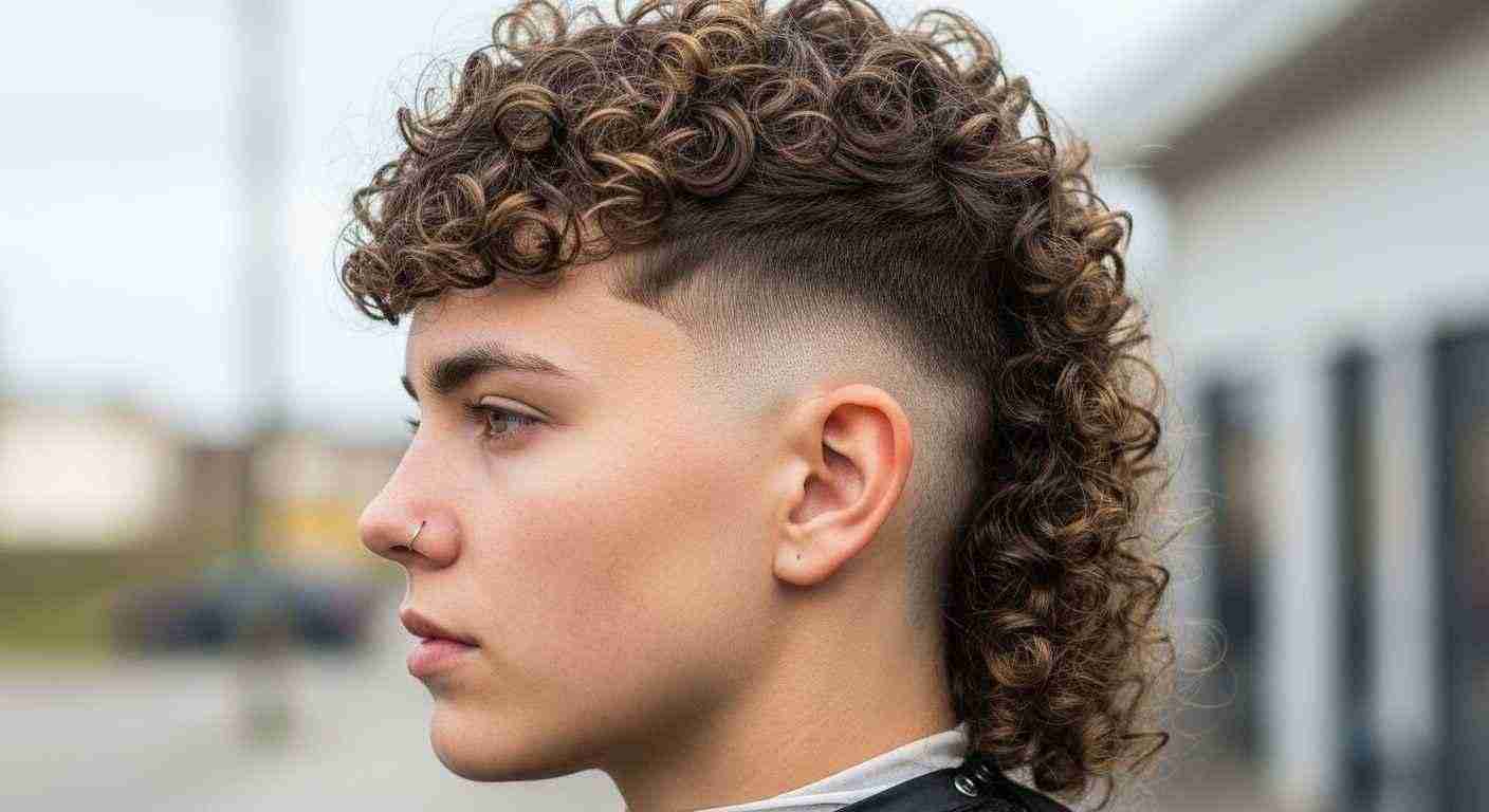 Burst Fade Mullet Curly Hair UK: 5 Styles & Dry-Cut Rule 19 A young man with curly hair styled in a mohawk, featuring a burst fade mullet that has grown out.