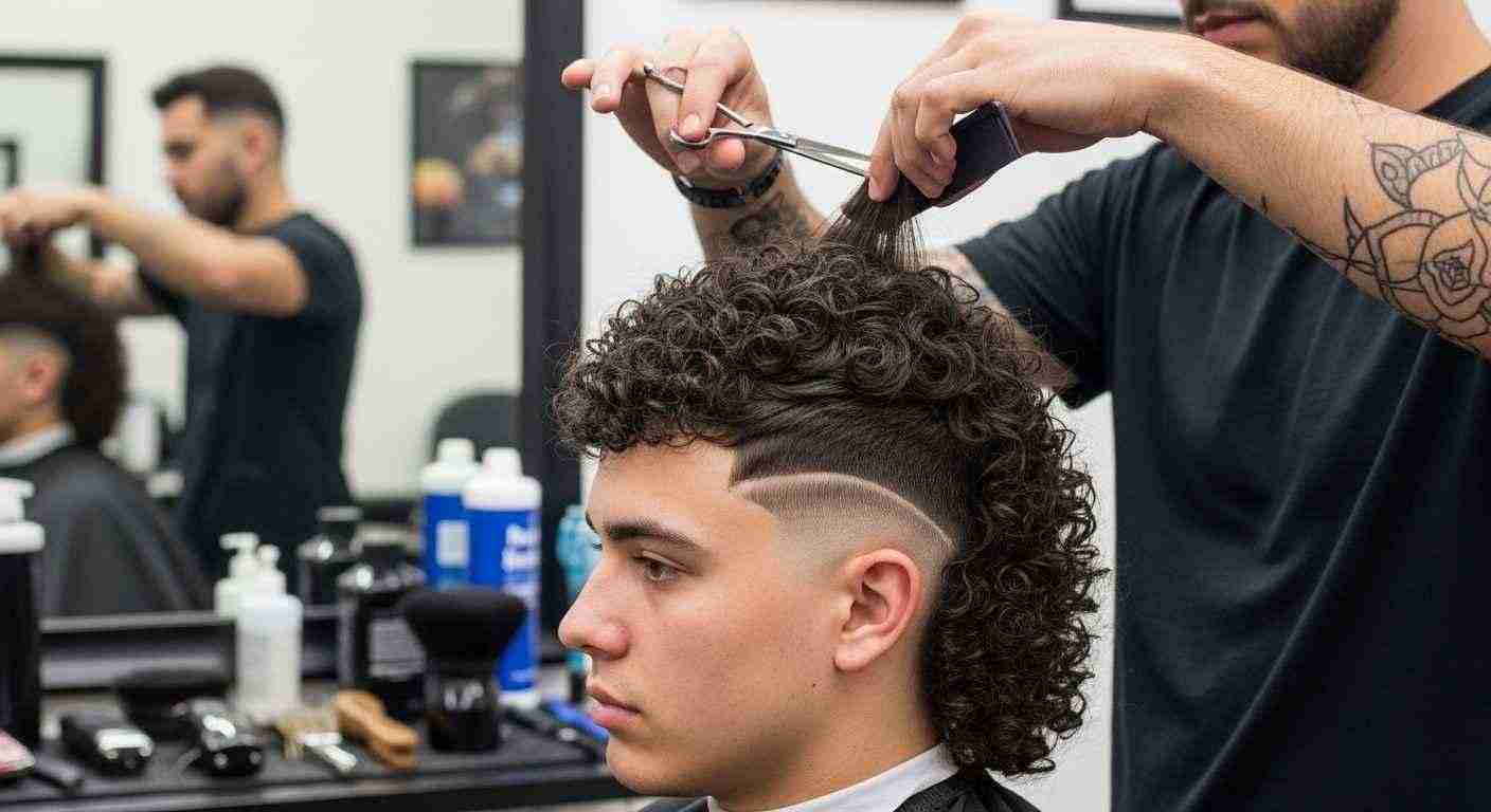 Burst Fade Mullet Curly Hair UK: 5 Styles & Dry-Cut Rule 15 A man receives a curly hair cut, featuring a burst fade mullet, as another man styles his hair with thinning techniques.