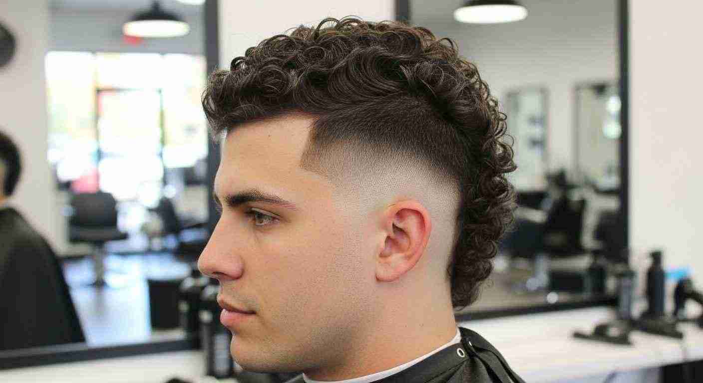 Burst Fade Mullet Curly Hair UK: 5 Styles & Dry-Cut Rule 5 A man with a curly high burst fade mullet hairstyle sits in a barber shop, showcasing his stylish haircut.