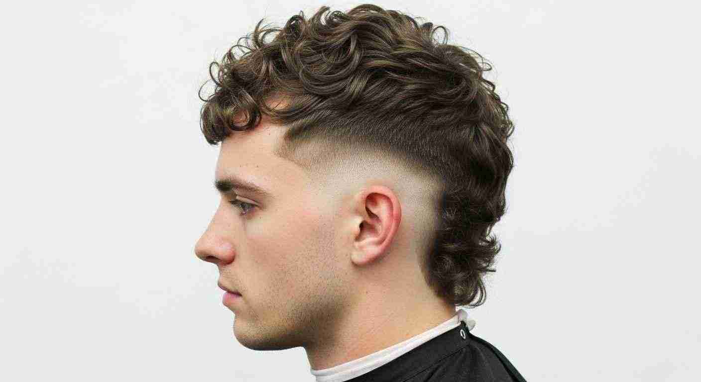 Burst Fade Mullet Curly Hair UK: 5 Styles & Dry-Cut Rule 3 A man with curly hair styled in a burst fade mullet looks to the side, showcasing a tapered neckline.