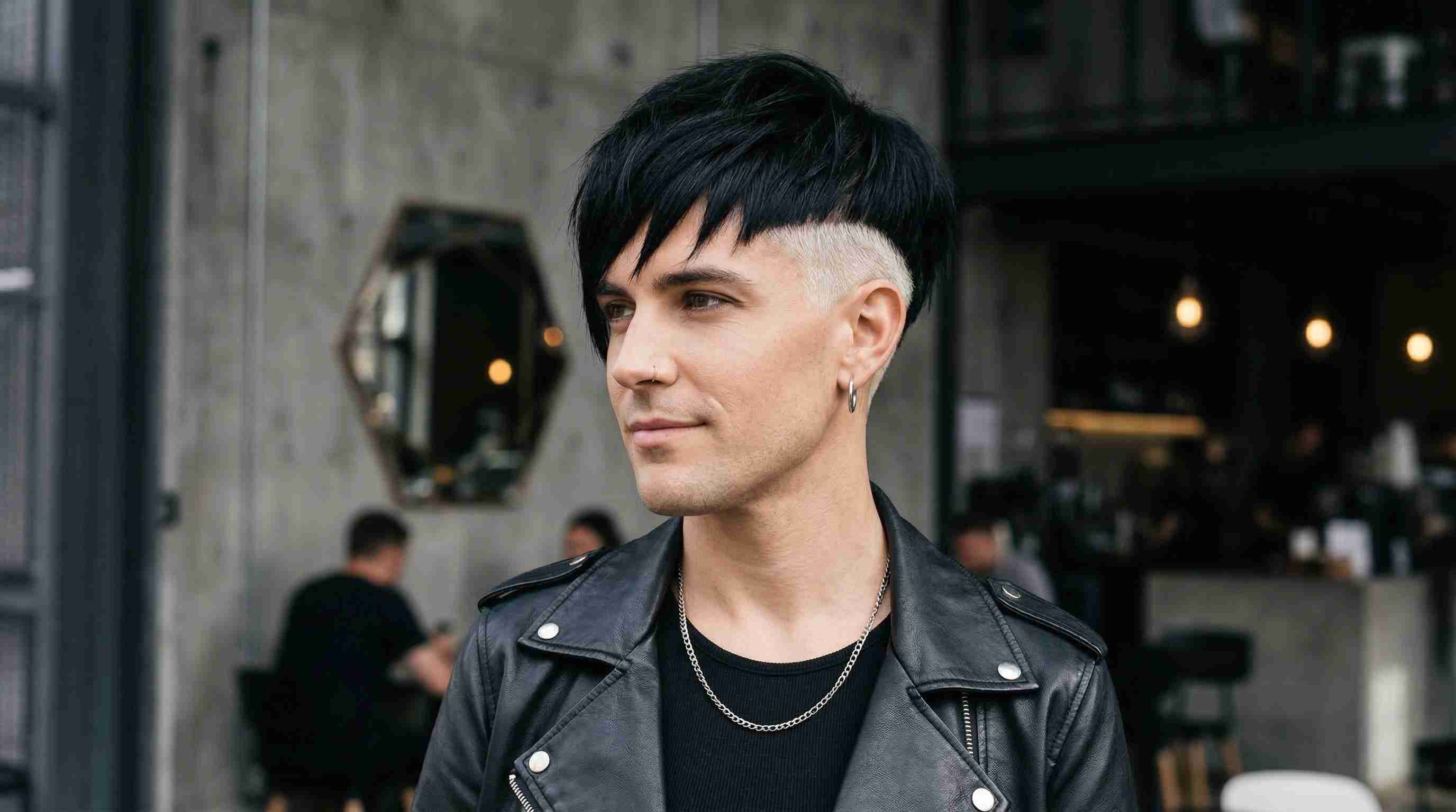A man with a high-contrast black mohawk hairstyle, dressed in a stylish leather jacket.