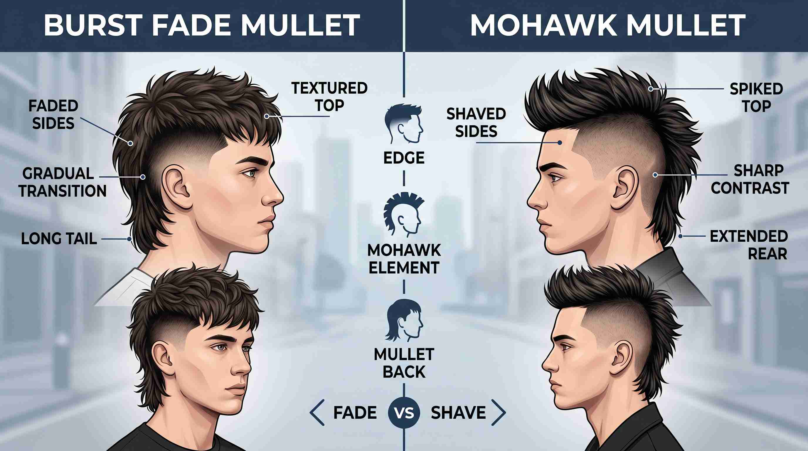 Burst Fade Mullet vs. Mohawk Mullet: Which One Is Right for You? 1 Two men showcase distinct hairstyles: a burst fade mullet and a mohawk mullet, highlighting their unique styles.