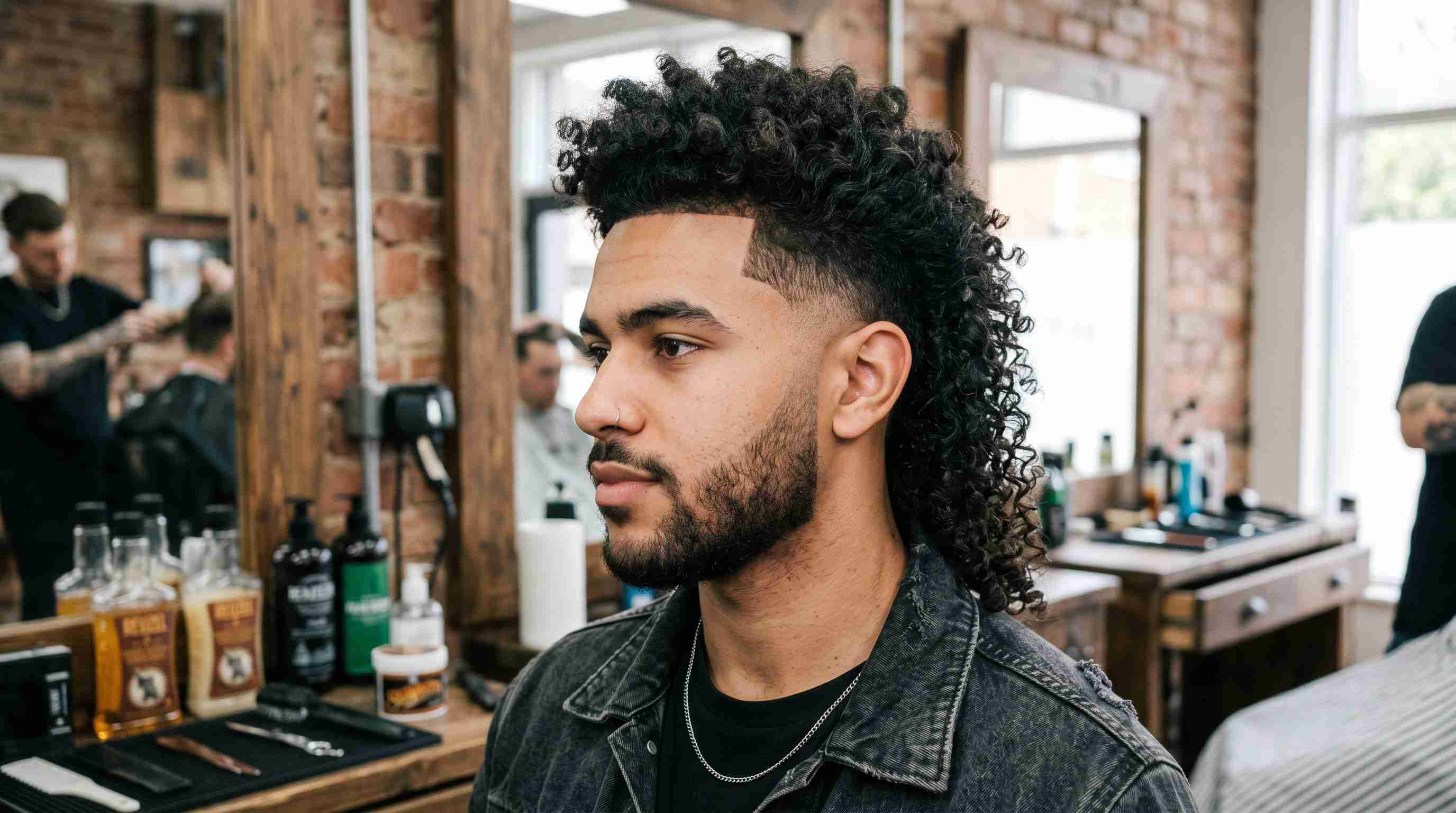 Burst Fade Mullet vs. Mohawk Mullet: Which One Is Right for You? 7 1. A man with long curly hair styled in a Curly Burst Fade Mullet sits in a barber shop.