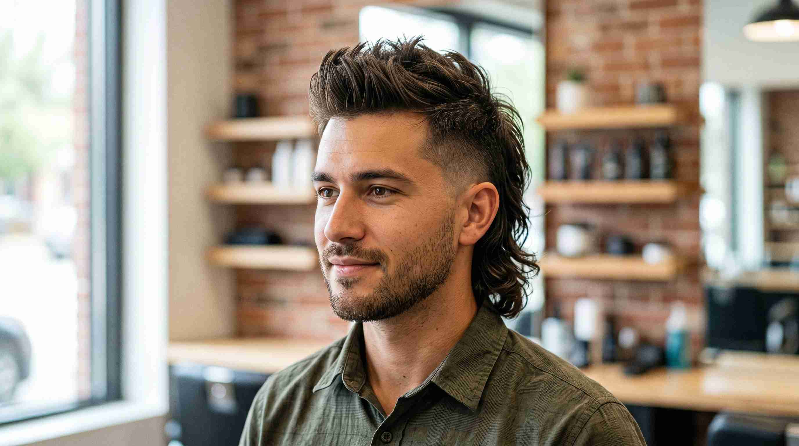 Burst Fade Mullet vs. Mohawk Mullet: Which One Is Right for You? 11 1. A man with long hair styled in a faux hawk mullet sits in a barber shop, surrounded by hair products and tools.
