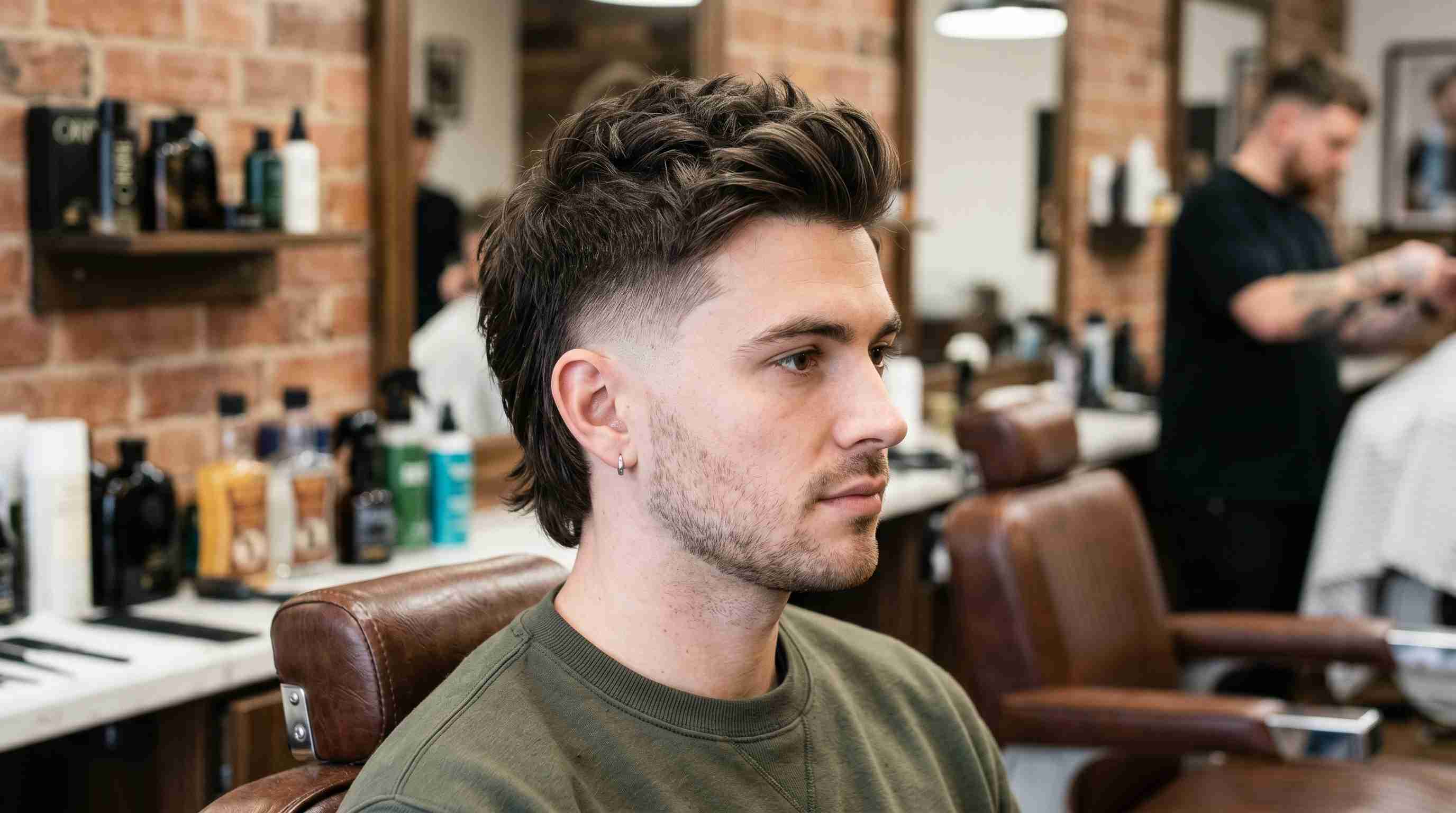 Burst Fade Mullet vs. Mohawk Mullet: Which One Is Right for You? 5 1. A man in a barber chair showcasing a low burst fade mullet hairstyle with a clean and polished look.