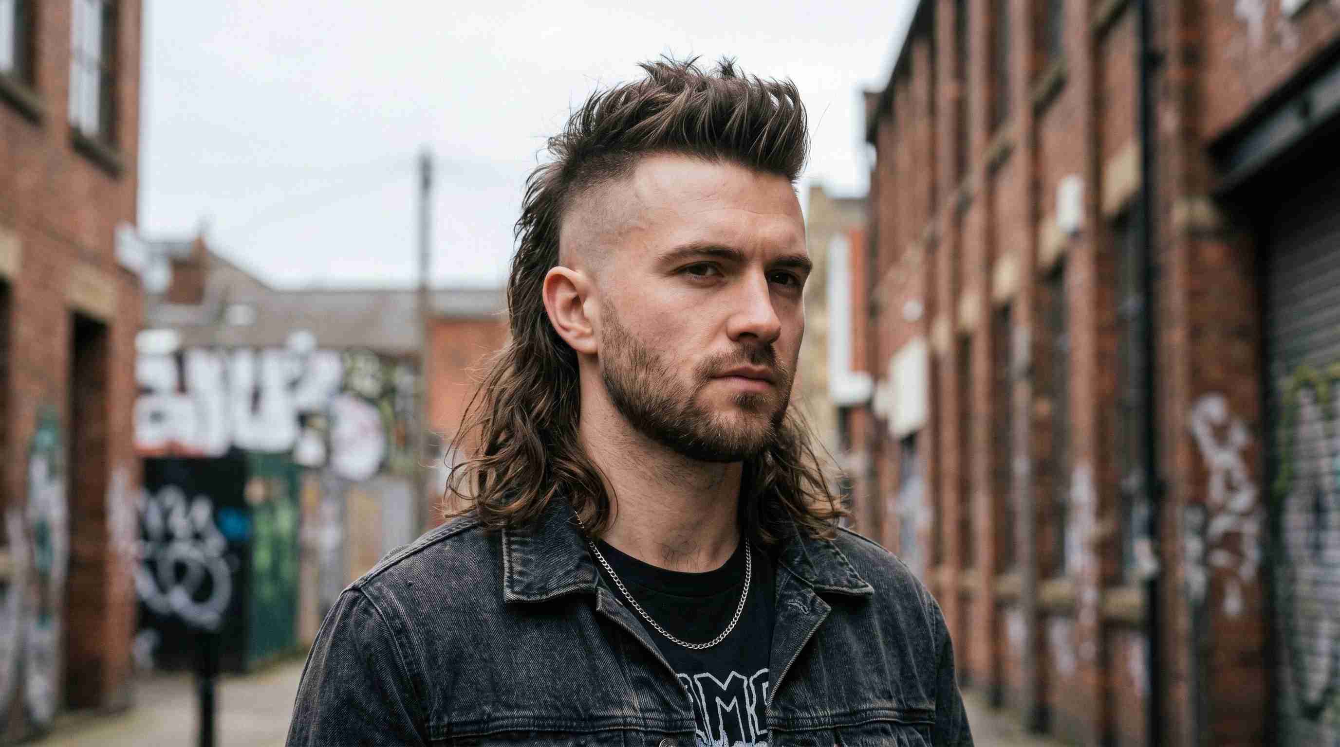 Burst Fade Mullet vs. Mohawk Mullet: Which One Is Right for You? 9 1. A man with a Mohawk mullet and skin fade stands in an alley, showcasing his long hair and beard.