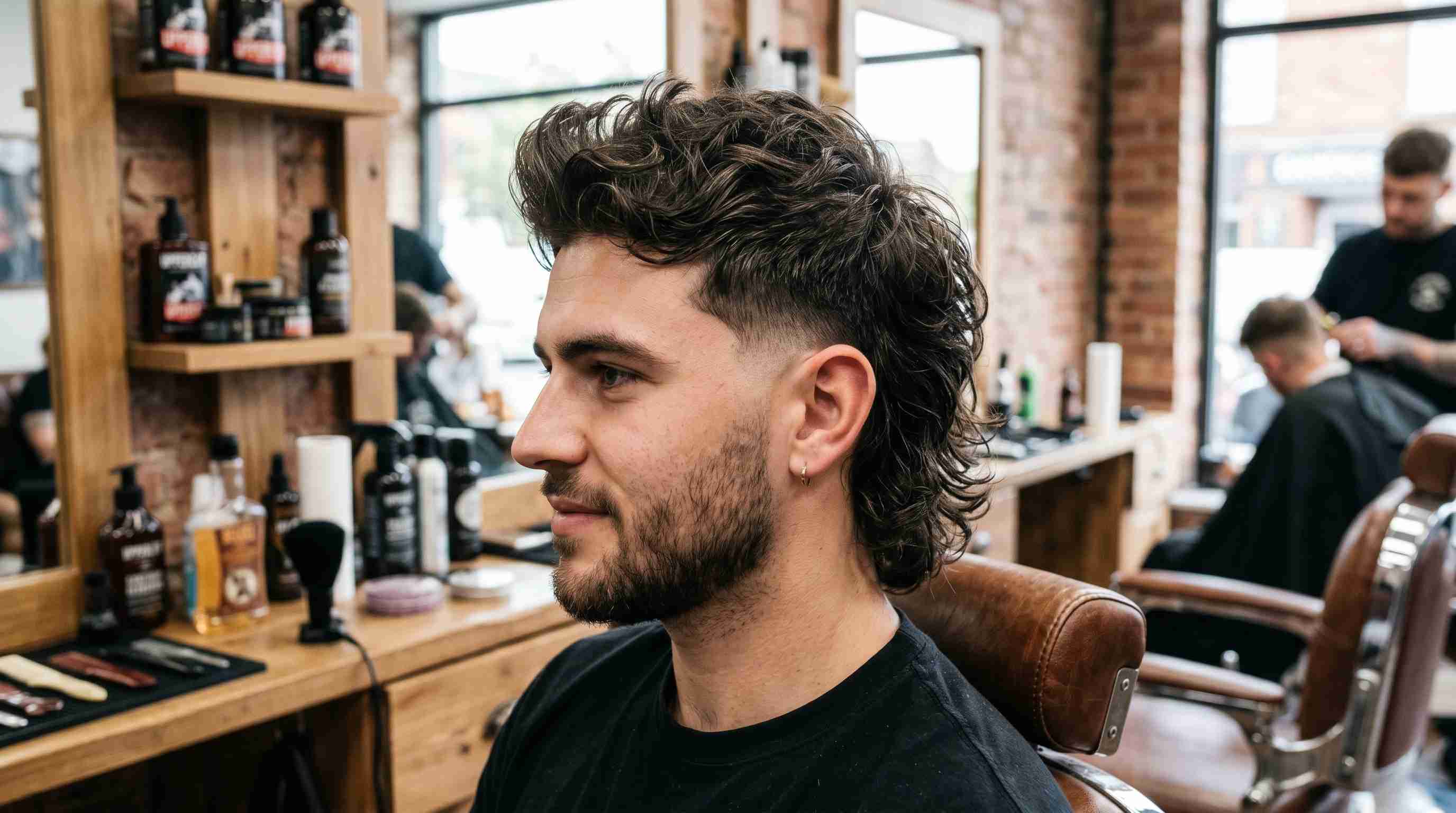 Burst Fade Mullet vs. Mohawk Mullet: Which One Is Right for You? 3 A man with long curly hair sits in a barber chair, showcasing a textured burst fade mullet hairstyle.