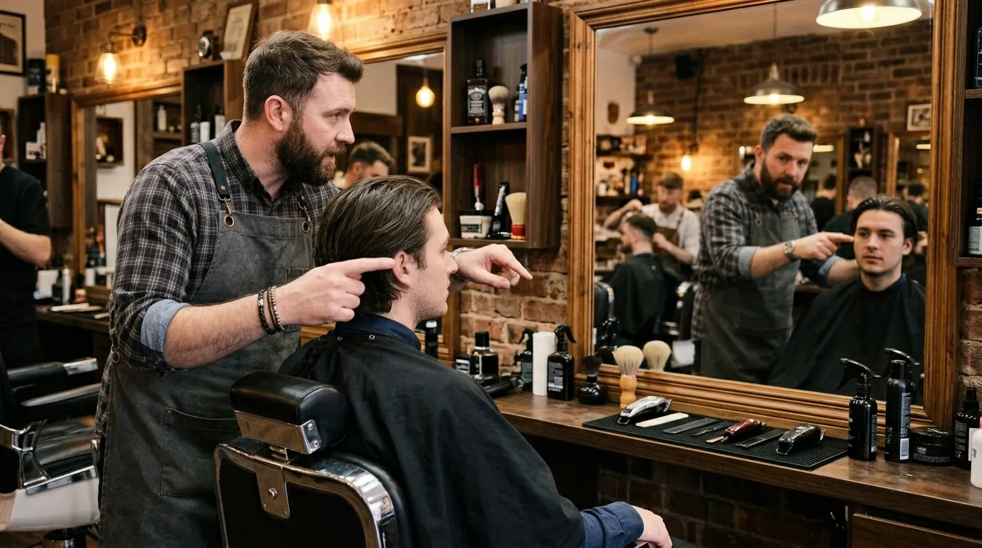 Skin Fade UK: 7 Styles, Guard Sizes & Mistakes to Avoid 21 barber consultation before skin fade mirror discussion UK barbershop