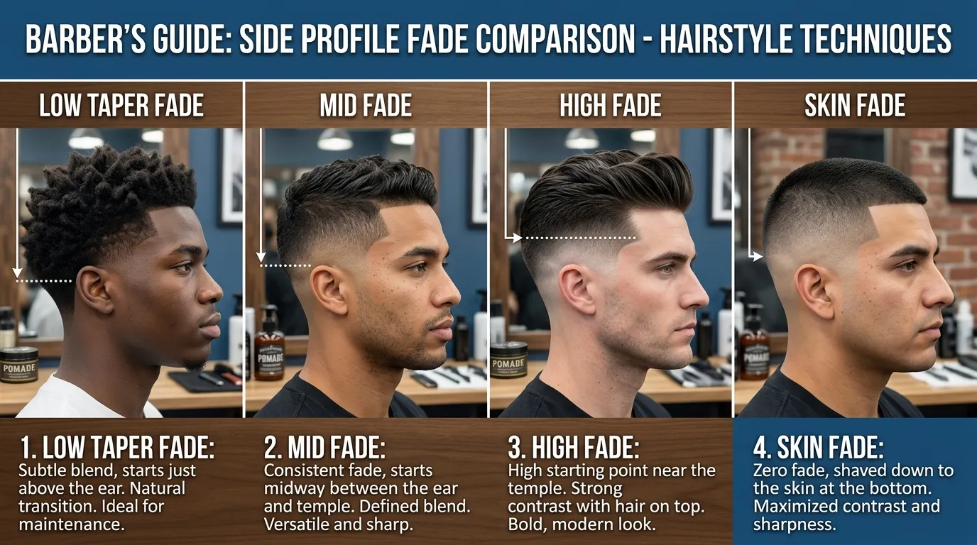 Low Taper Fade UK: 9 Styles, Guard Sizes & Mistakes to Avoid 29 low taper vs mid fade vs high fade vs skin fade