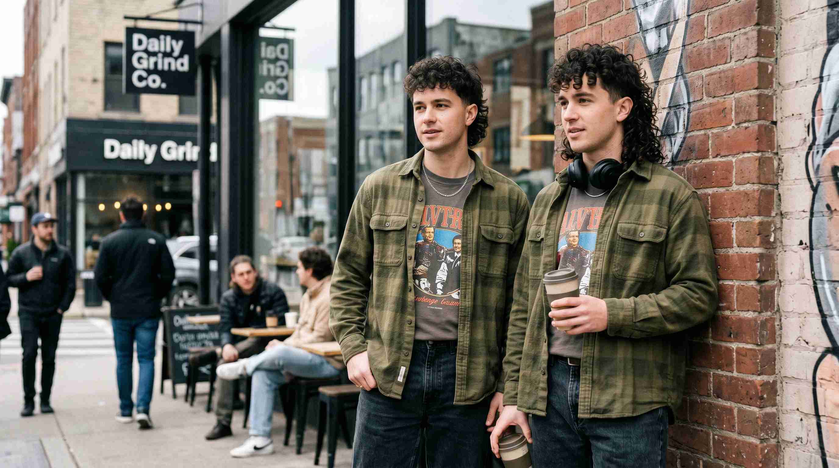 Curly Mullet: 5 Styles That Work: and 3 Cuts That Kill Your Natural Texture 3 Two young men with curly mullets stand beside a textured brick wall, smiling and posing for the camera.