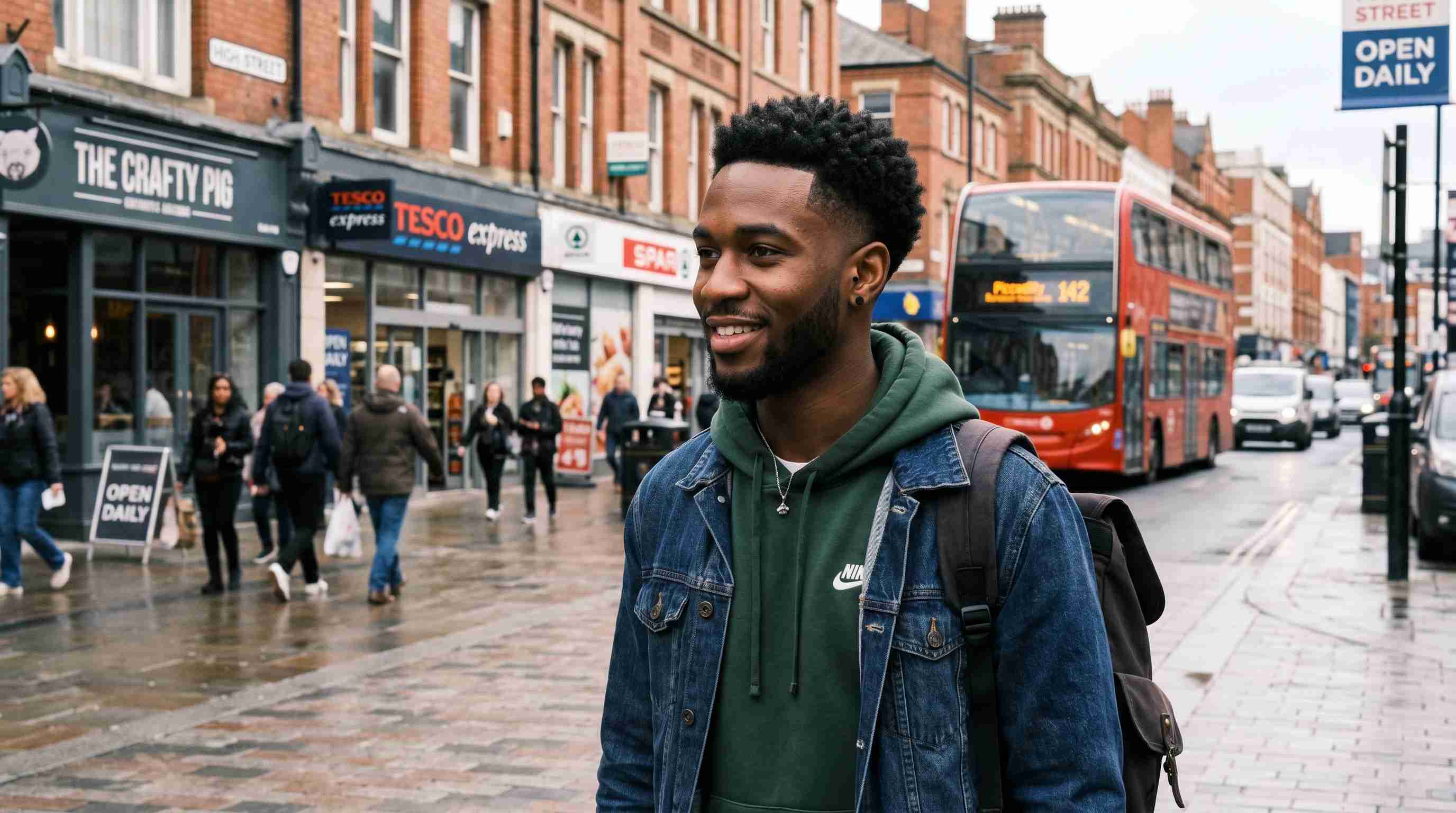 Low Taper Fade Black Male Perfect Uk Guide : 7 Styles, Guard Sizes & Barber Script 3 A man with a Low Taper Fade with Short Afro, wearing a denim jacket and backpack, stands on a city street with shops, people walking, and a red double-decker bus in the background.