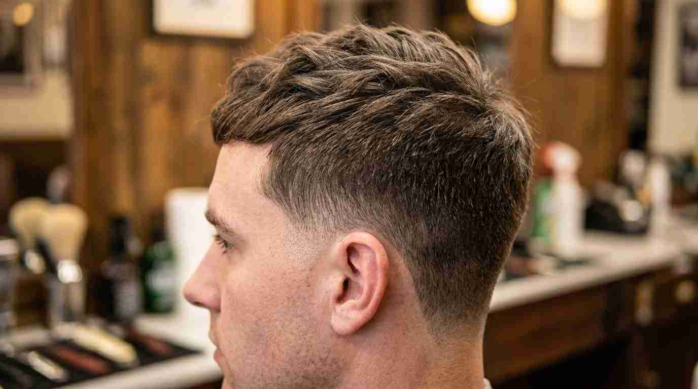 Low Taper Fade Textured Crop UK: 4 Styles, Guard Sizes & Barber Script 1 low taper fade blend zone just above ear textured crop UK