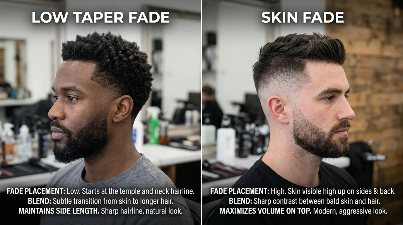 Low Taper Fade UK: 9 Styles, Guard Sizes & Mistakes to Avoid 1 low taper fade vs skin fade comparison side profile