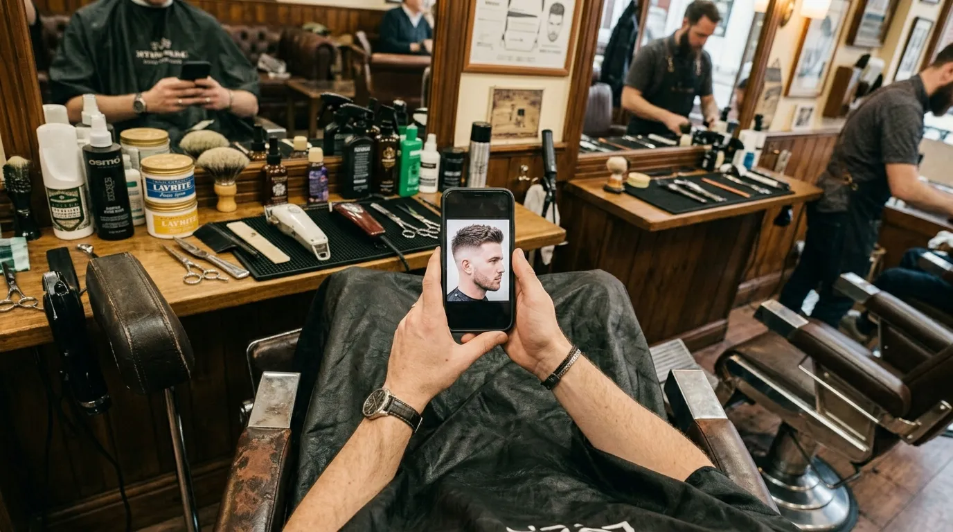 Skin Fade UK: 7 Styles, Guard Sizes & Mistakes to Avoid 29 client showing barber skin fade reference photo UK barbershop chair