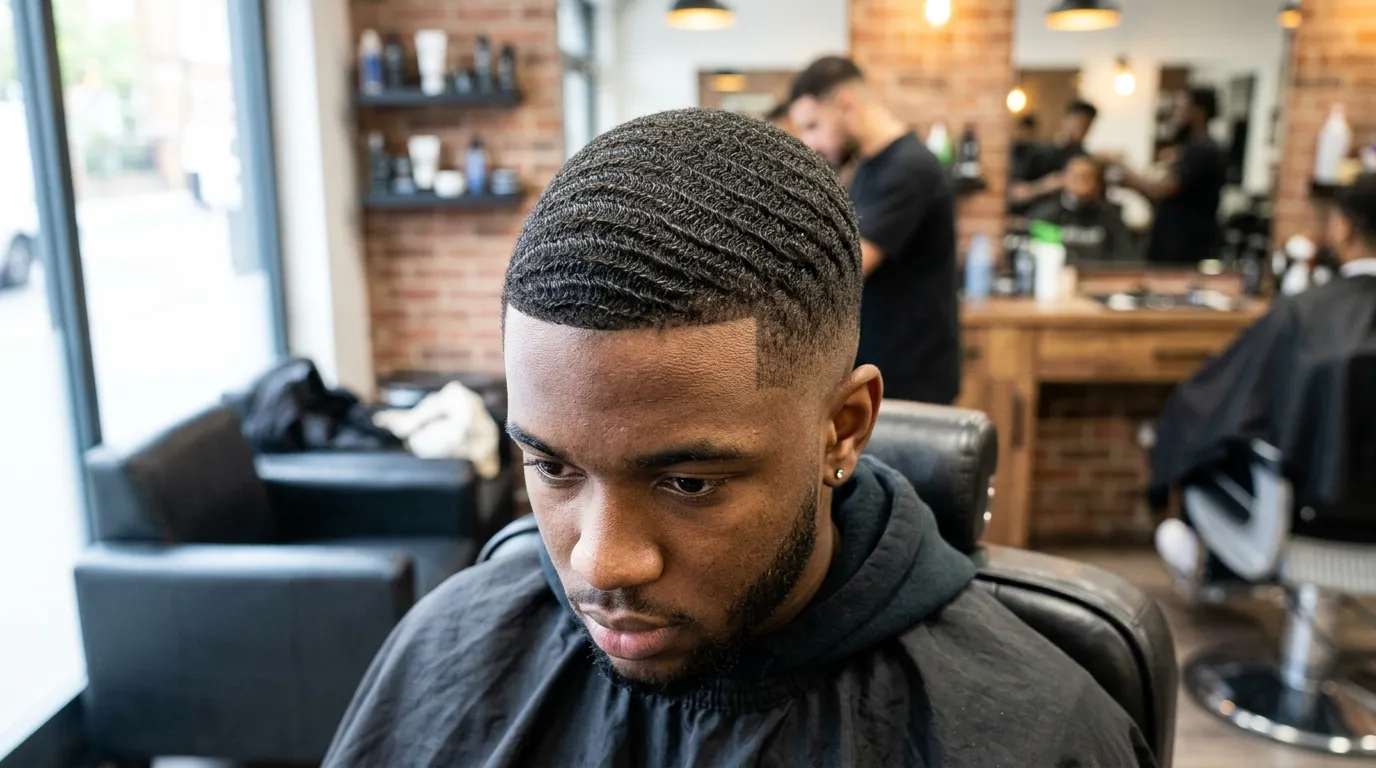 Skin Fade UK: 7 Styles, Guard Sizes & Mistakes to Avoid 9 skin fade 360 waves defined wave pattern bare skin neckline UK Black men