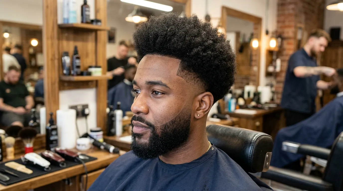 Skin Fade UK: 7 Styles, Guard Sizes & Mistakes to Avoid 13 skin fade natural afro top full volume bare skin sides UK Black men barbershop