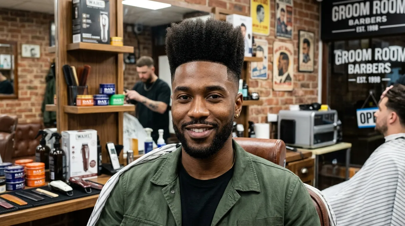 Taper Fade UK: 5 Styles, Guard Sizes & What to Ask Your Barber 9 high taper fade high top UK Black men barbershop 4C texture