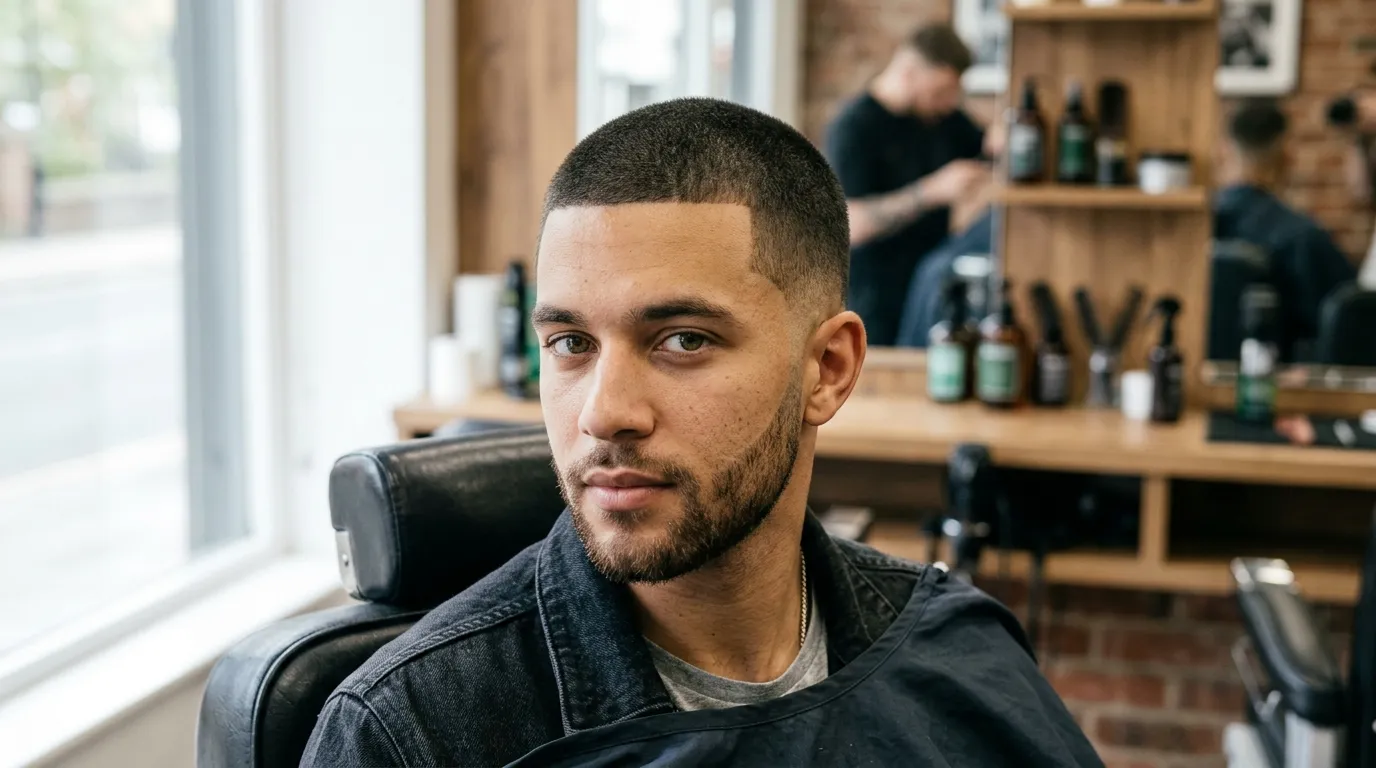 low taper fade thick hair buzz cut UK men barbershop.