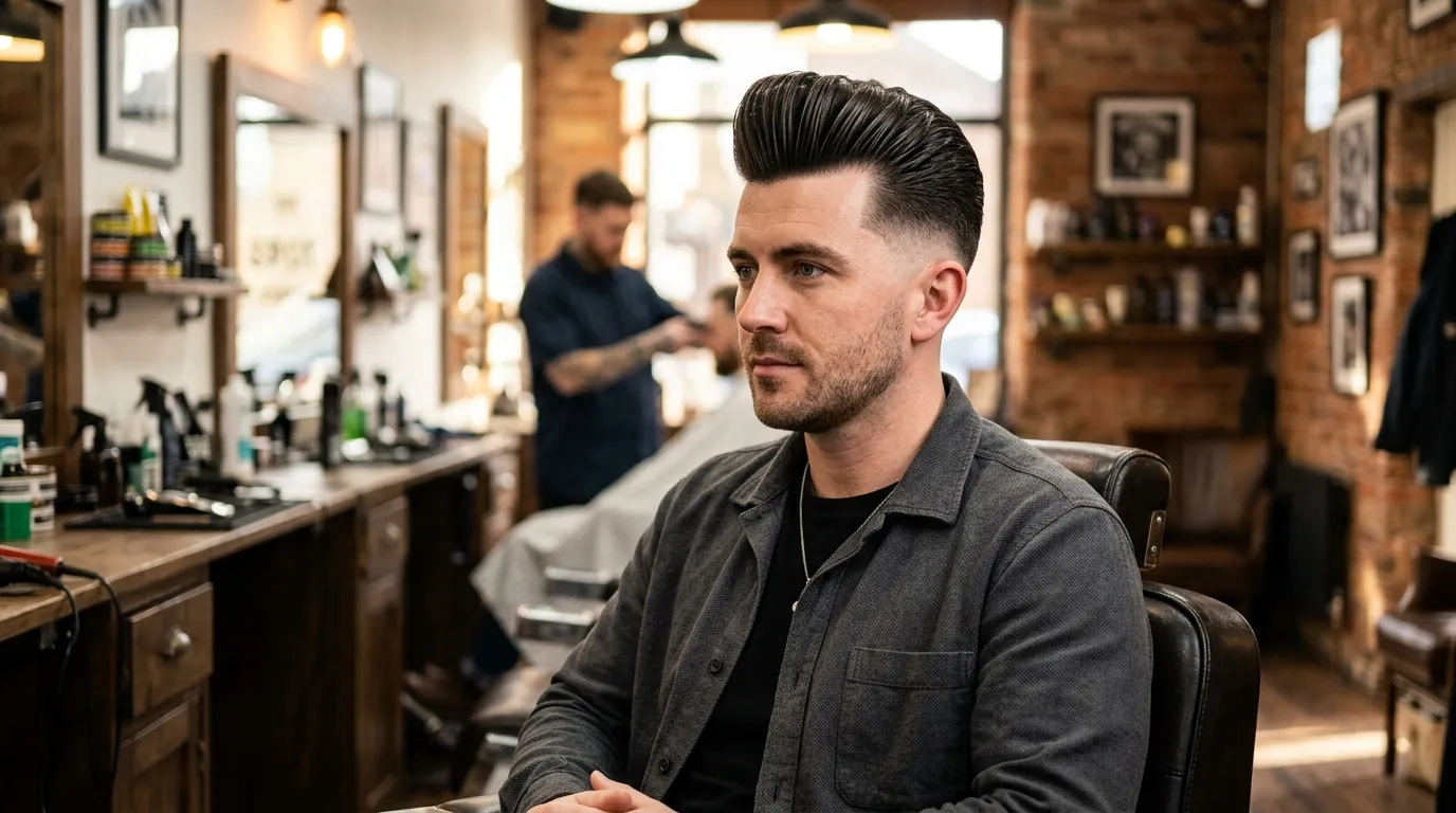 Skin Fade UK: 7 Styles, Guard Sizes & Mistakes to Avoid 7 skin fade pompadour swept back voluminous top bare skin sides UK men