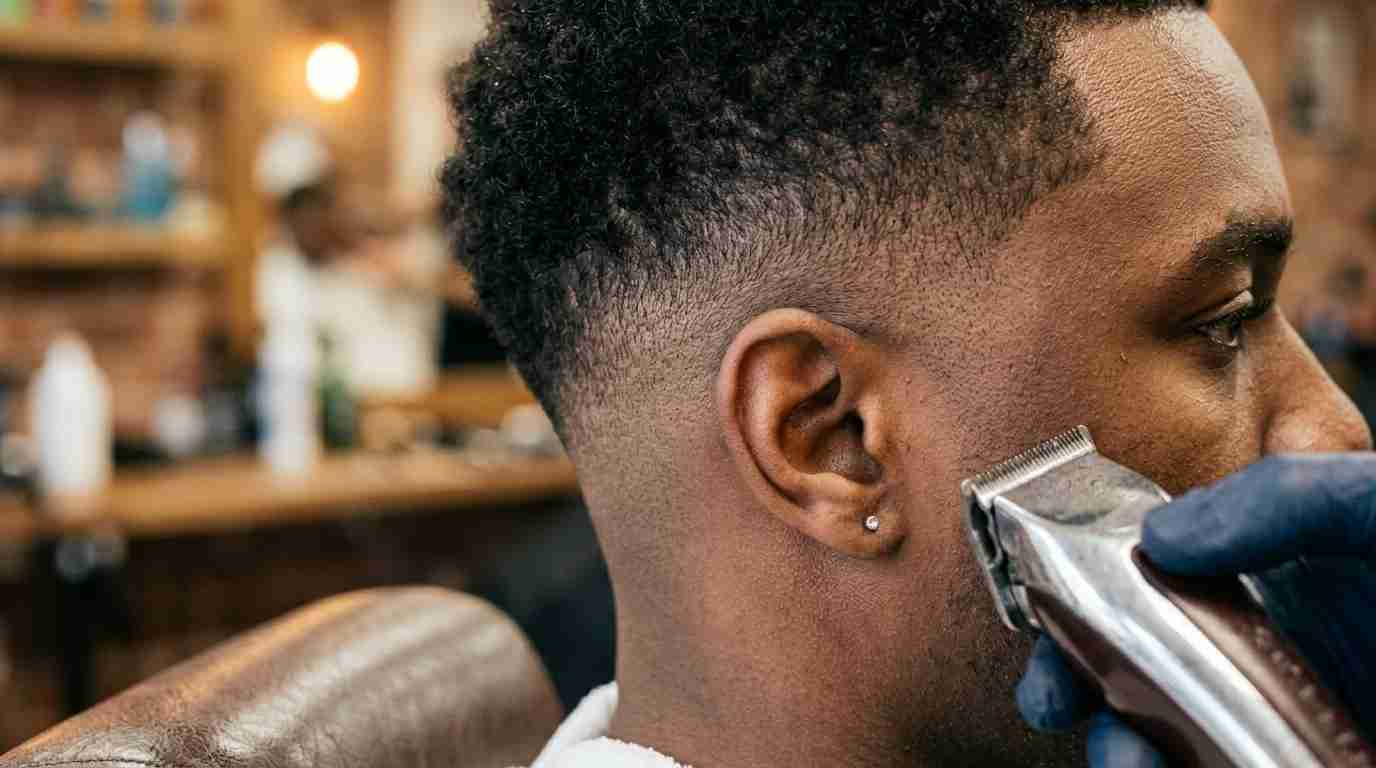 Burst Fade vs Drop Fade UK: Which Cut Actually Suits You? 1 close up of a burst fade curved arc around the ear in a UK barbershop