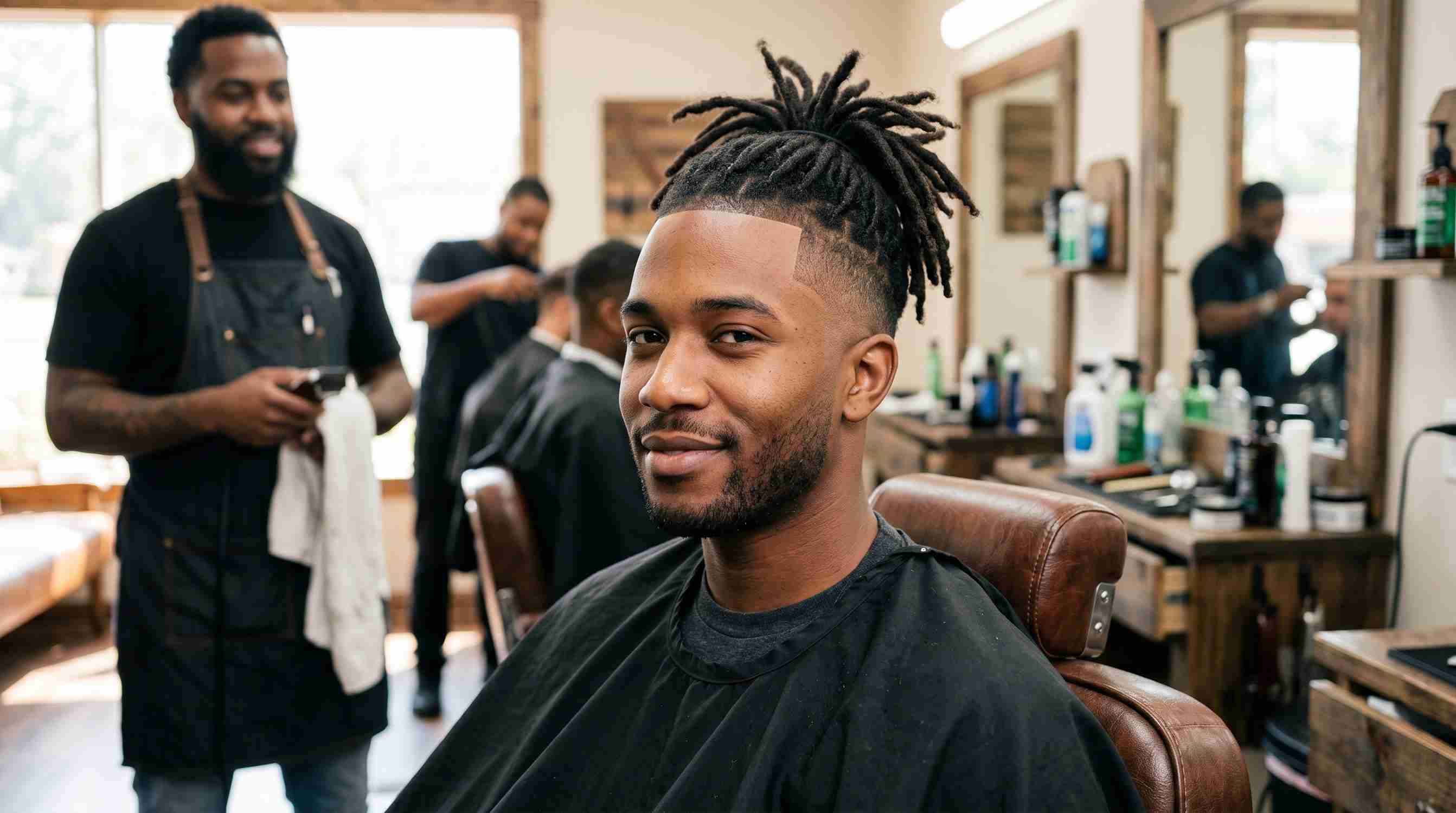 Low Taper Fade Black Male Perfect Uk Guide : 7 Styles, Guard Sizes & Barber Script 7 Low taper fade with locs haircut on a Black man, showing clean faded sides and medium length dreadlocks on top.