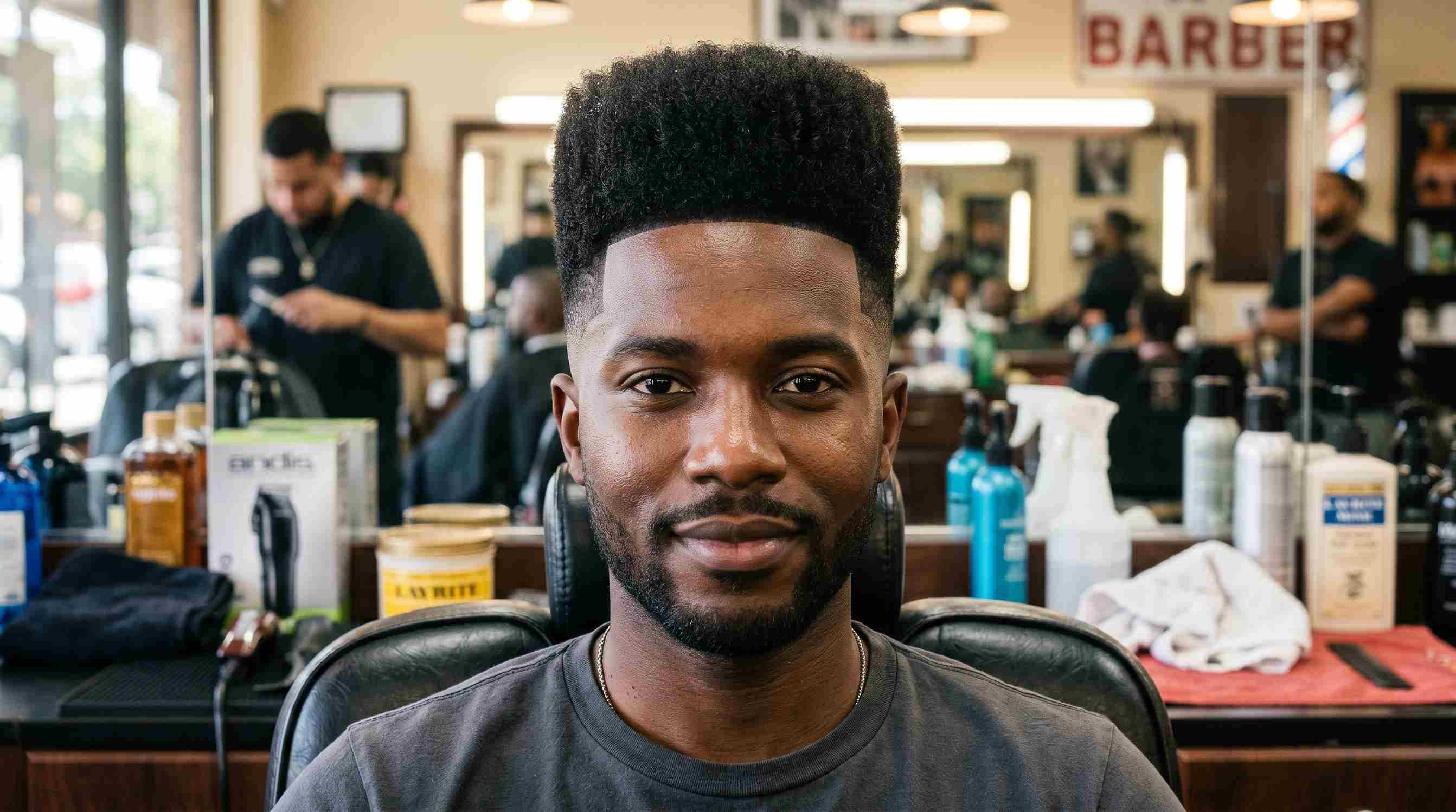 Low Taper Fade Black Male Perfect Uk Guide : 7 Styles, Guard Sizes & Barber Script 13 Low taper fade with high top haircut on a Black man, showing bold vertical height on top and clean skin fade neckline.