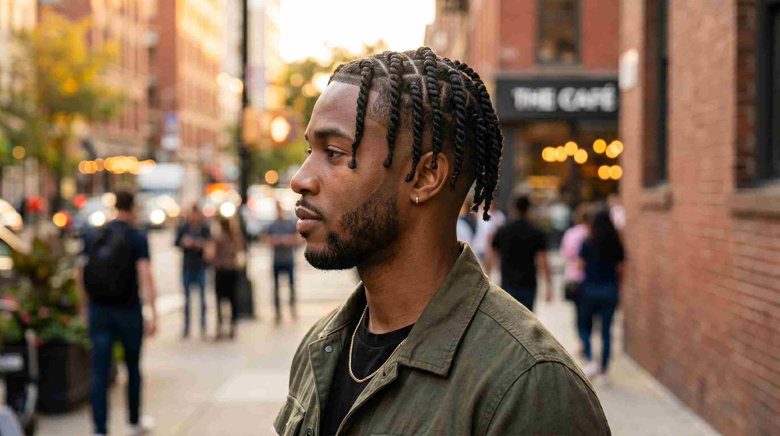 Low Taper Fade Black Male Perfect Uk Guide : 7 Styles, Guard Sizes & Barber Script 9 Low taper fade with box braids on a Black man, side profile showing clean fade line and structured braids on top.