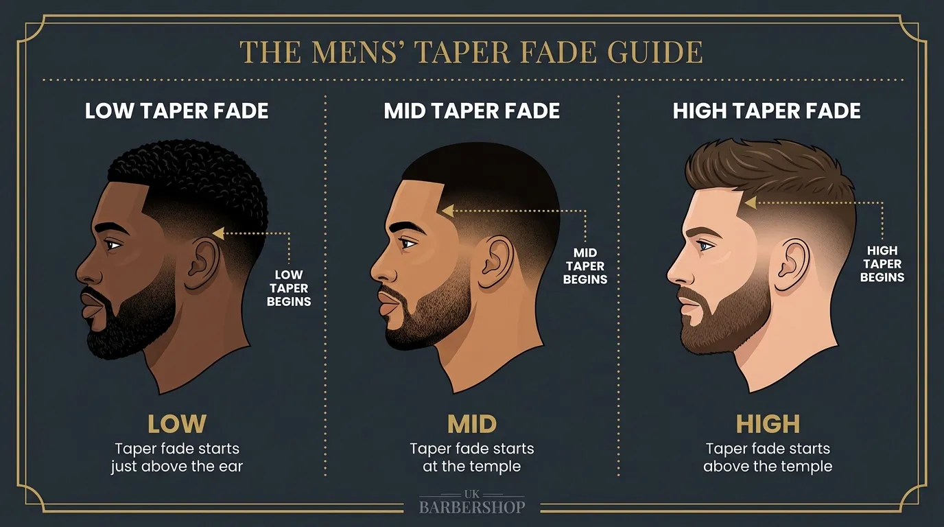Taper Fade UK: 5 Styles, Guard Sizes & What to Ask Your Barber 1 low mid high taper fade comparison showing three blend heights UK barber guide