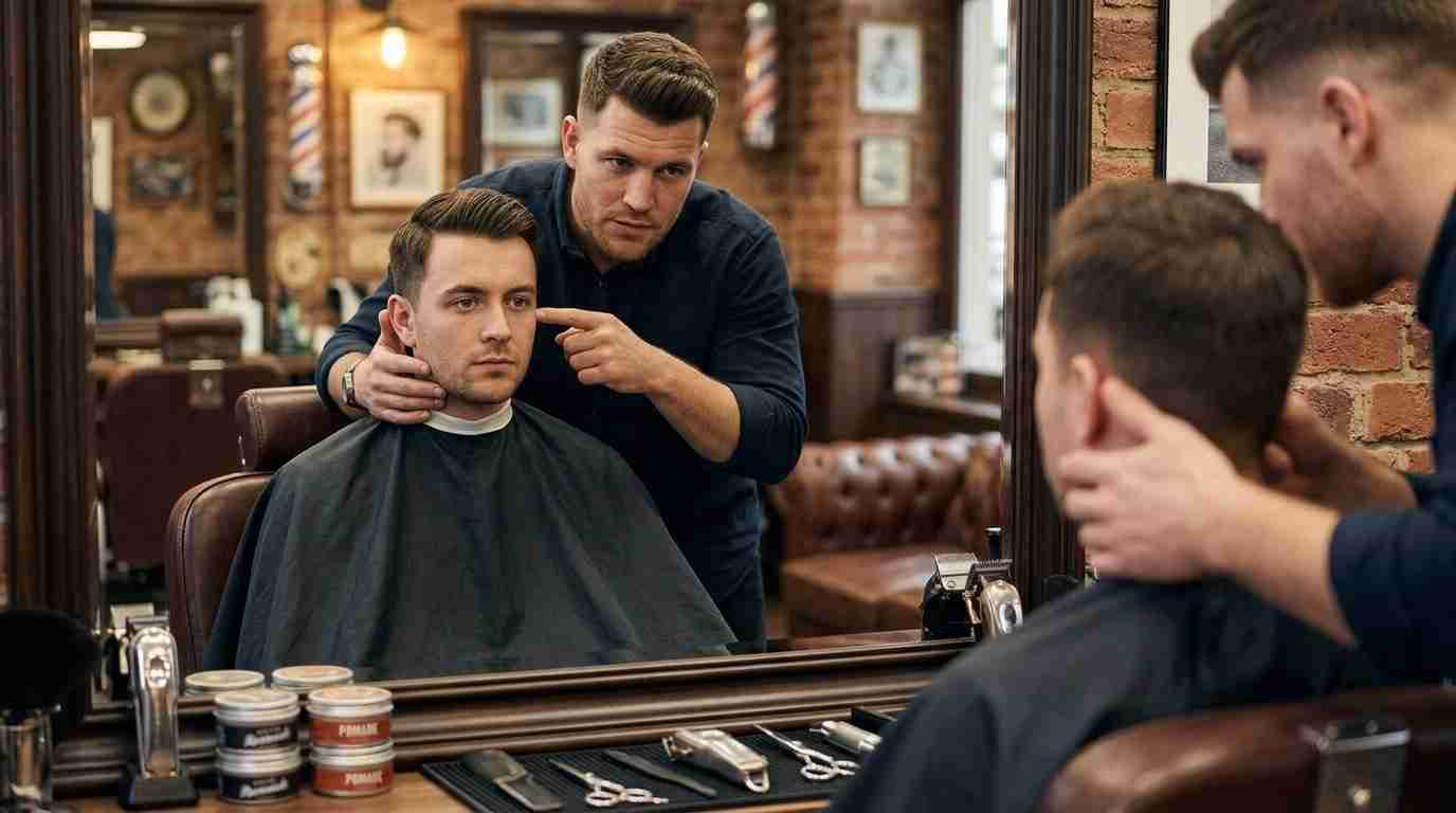 Low Taper Fade Textured Crop UK: 4 Styles, Guard Sizes & Barber Script 17 barber consultation low taper fade textured crop UK barbershop mirror