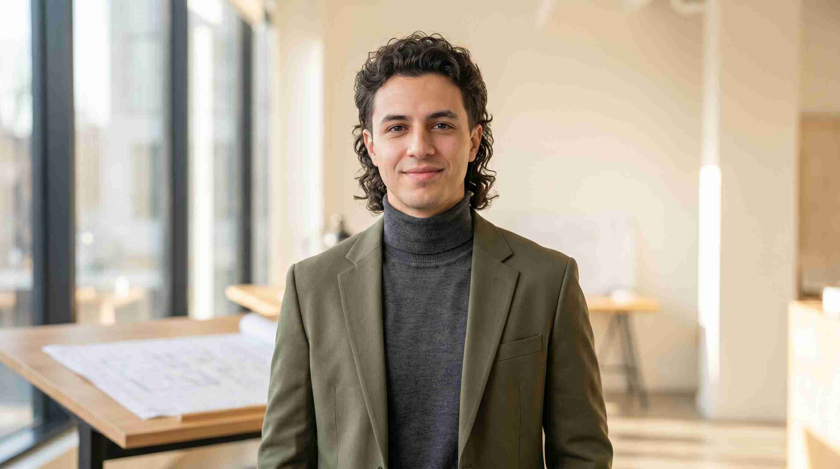Curly Mullet: 5 Styles That Work: and 3 Cuts That Kill Your Natural Texture 9 A man in a suit stands by a window, showcasing a modern curly mullet hairstyle in a trendy setting.