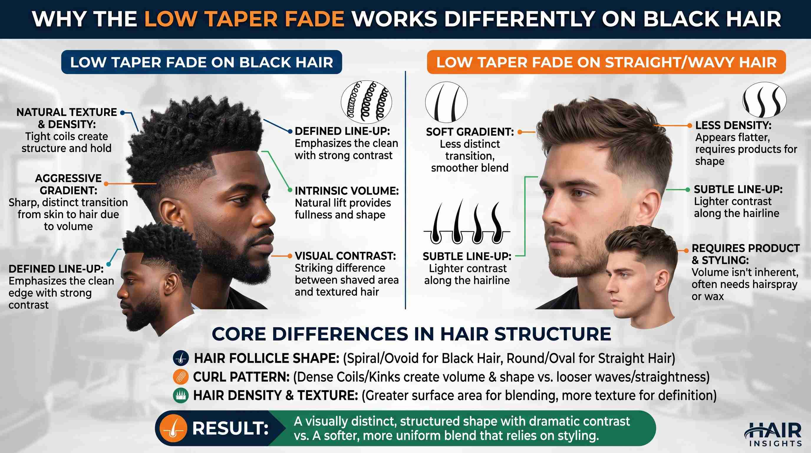 Low Taper Fade Black Male Perfect Uk Guide : 7 Styles, Guard Sizes & Barber Script 1 Side-by-side comparison of low taper fades on Black hair and straight/wavy hair, highlighting why the low taper fade works differently on Black hair due to unique texture, volume, and hair structure.