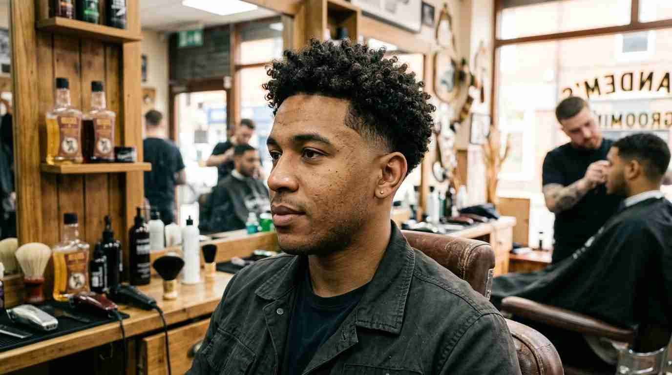  low burst fade curly hair UK barbershop natural 3B curl texture side view