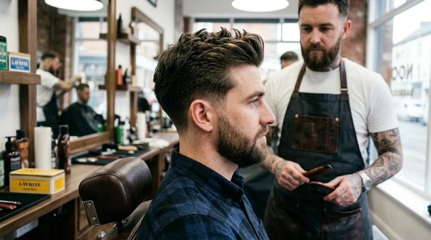 Textured Brush-Up Hairstyle UK: 6 Styles, Zero Flat Spots 9 low taper textured brush up UK side profile barbershop