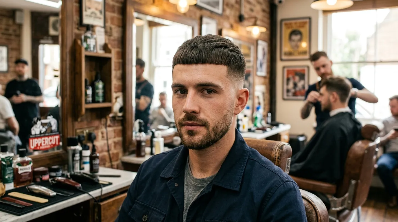 caesar fade UK fringe front profile barbershop