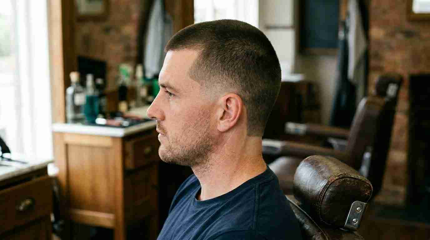 low burst fade buzz cut UK side profile clean minimal barbershop 