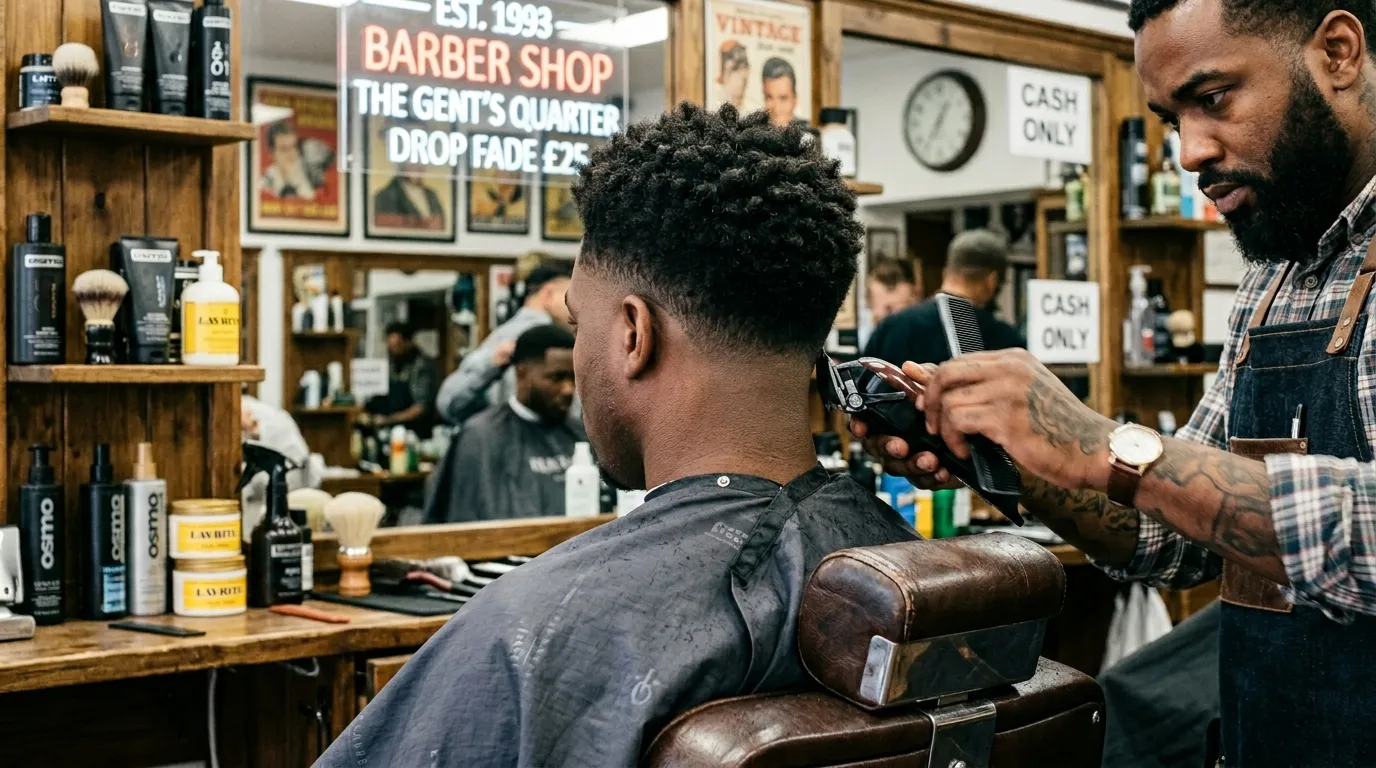 drop fade UK rear view curve behind ear barbershop