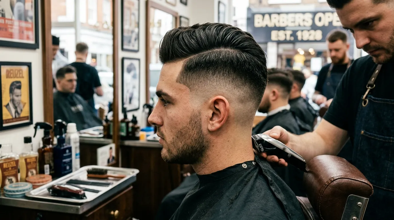 high fade UK side profile barbershop high contrast